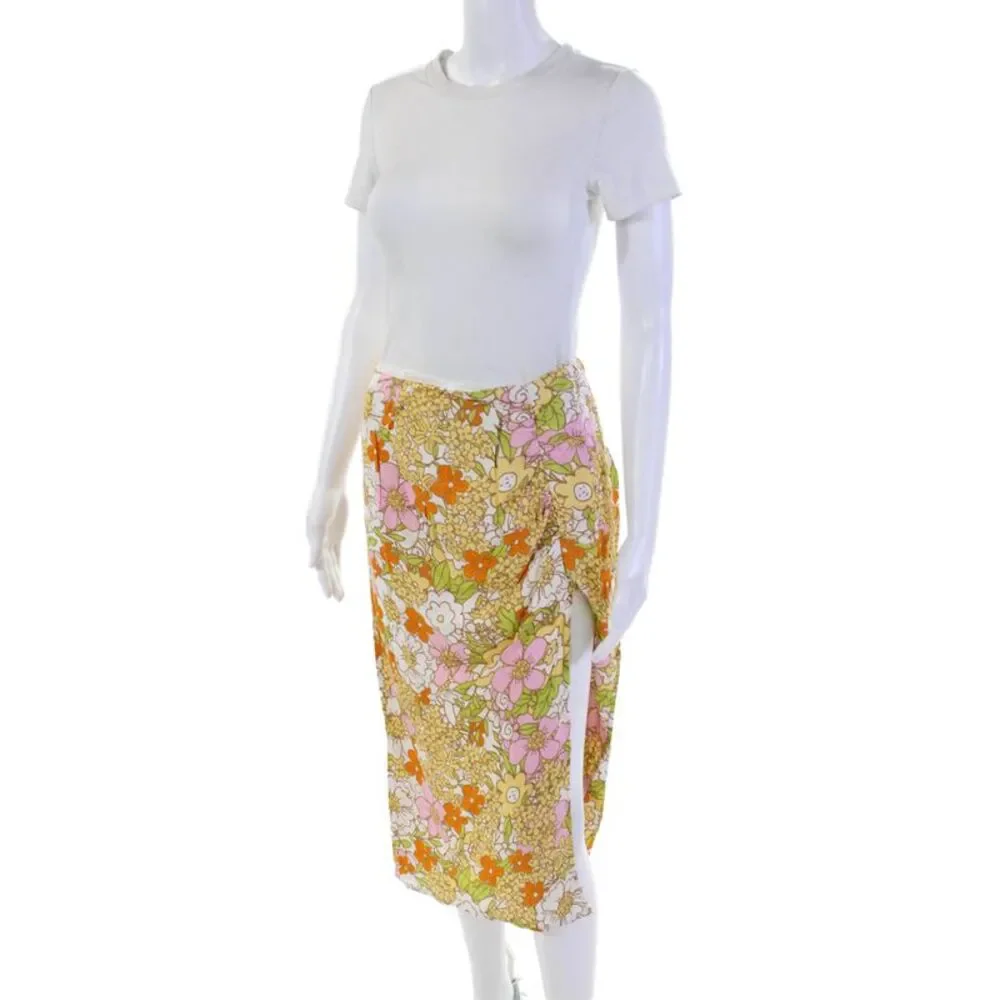 Rahi Womens Floral Print Front Slit Ruched Skirt Multi Colored Size Small